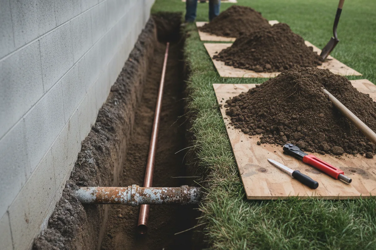 Excavated water line trench during Water Heater Repair in Freeport